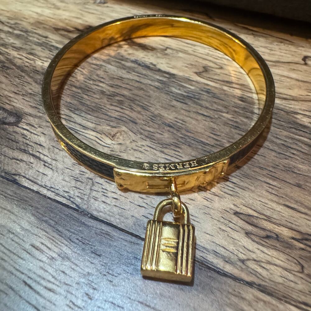 Hermes Kelly Padlock Blue Exotic Leather and Gold Plated Bangle Bracelet 7.5" - Picture 6 of 6